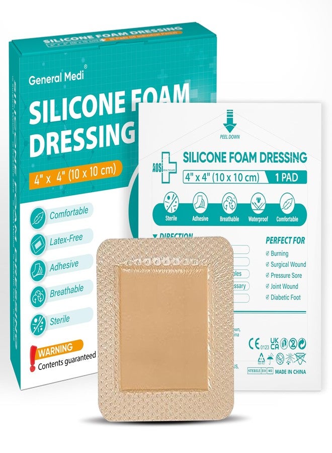 General Medi Waterproof Silicone Foam Island Dressing (10 Packs) – 4" x 4" Sterile Wound Care Pad with Adhesive Border - Sterile, Soft & Highly Absorbent Medical Grade Dressing Pad - Image 1